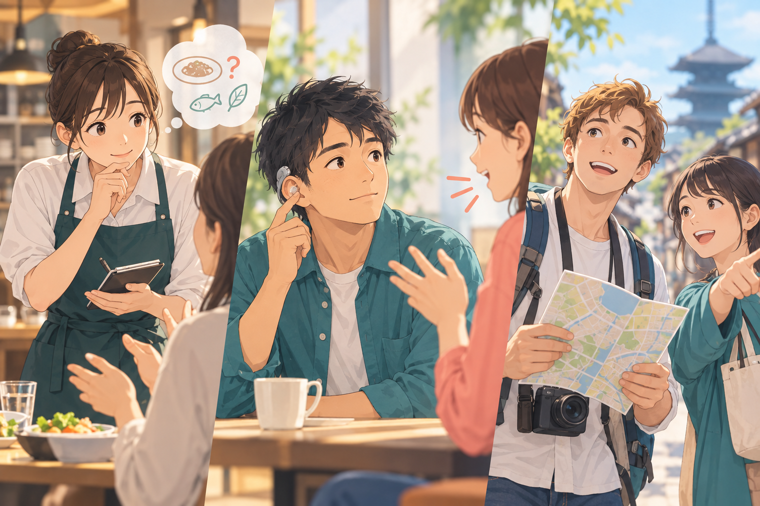 接客、聞き取り、道案内での伝えにくさを描いたイラスト