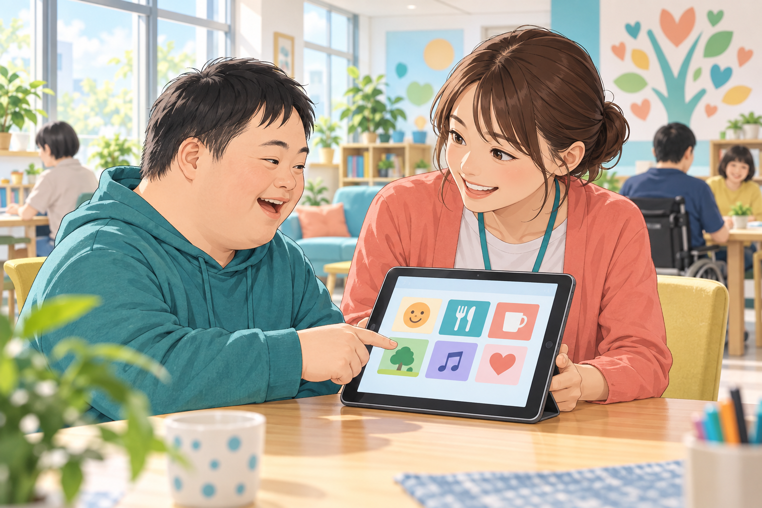 施設で利用者と職員がタブレットを見ながら希望を伝え合うイラスト