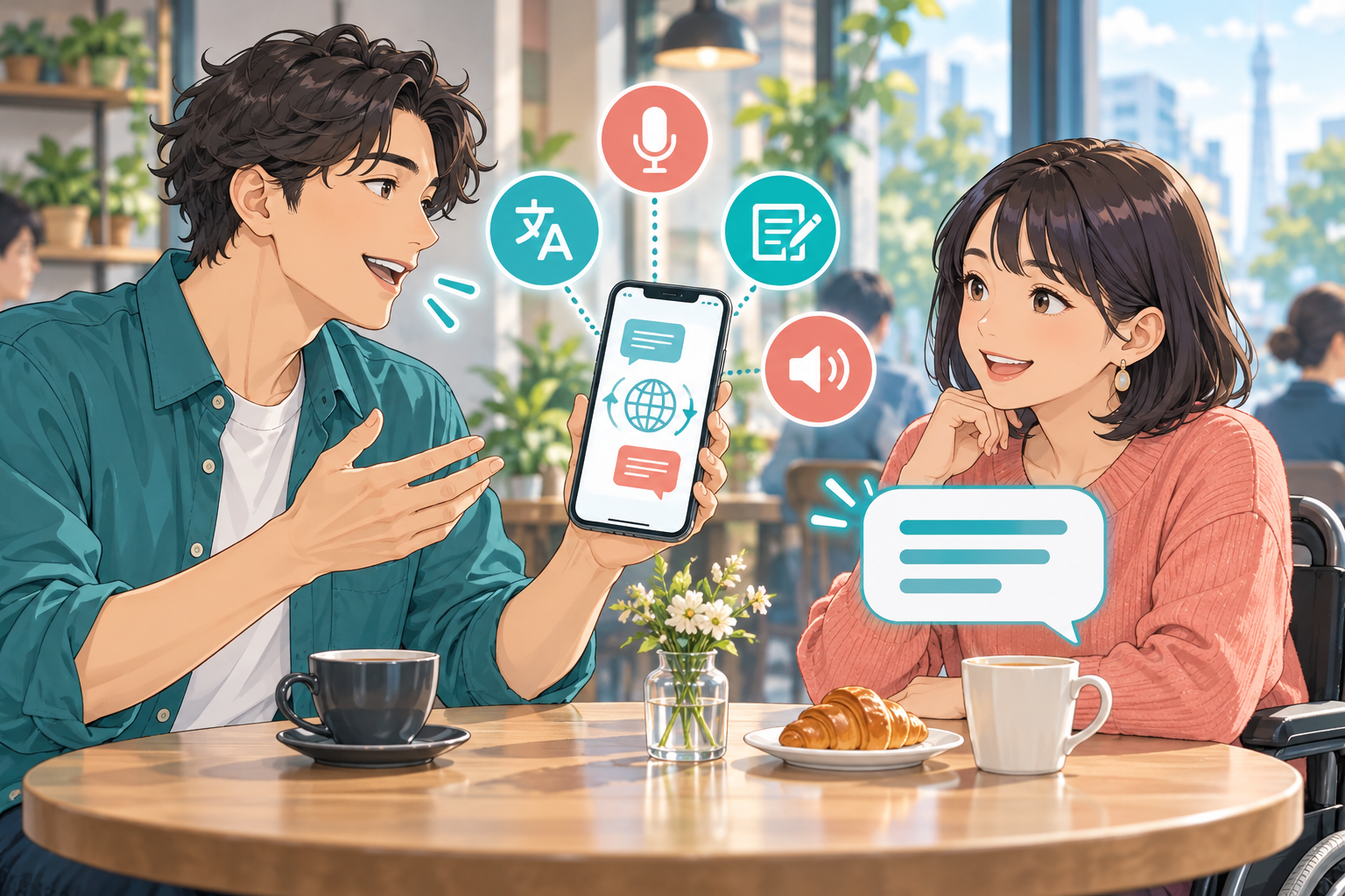 音声、翻訳、文字入力、読み上げを使って会話するイラスト