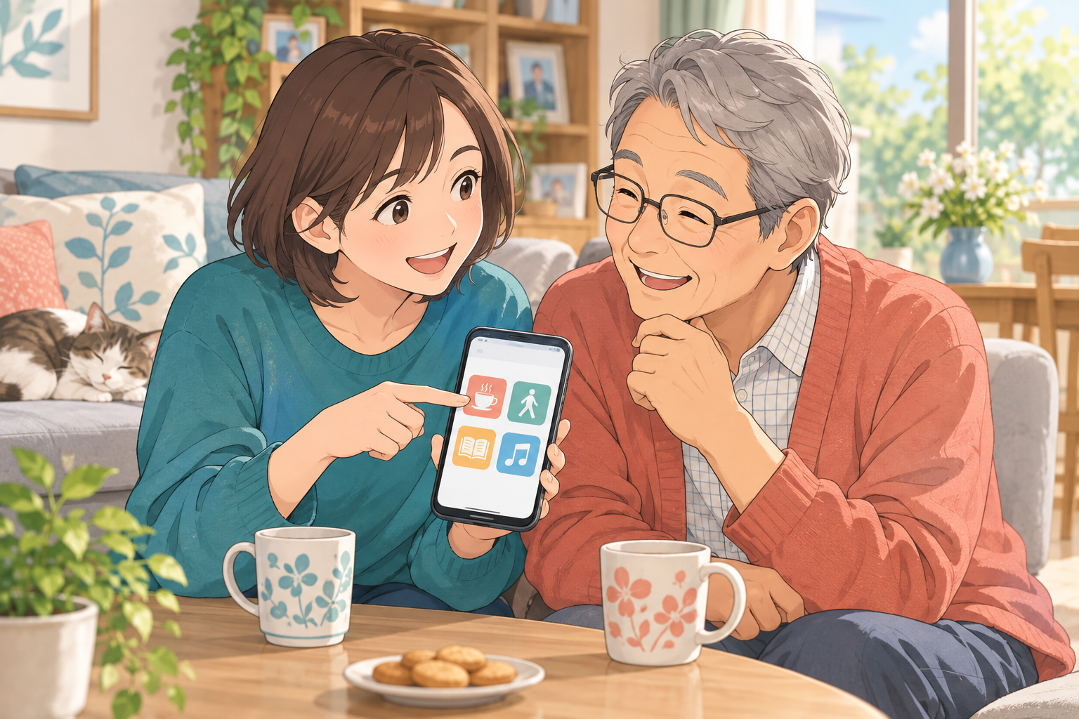 家庭で家族がスマートフォンを見ながら会話するイラスト