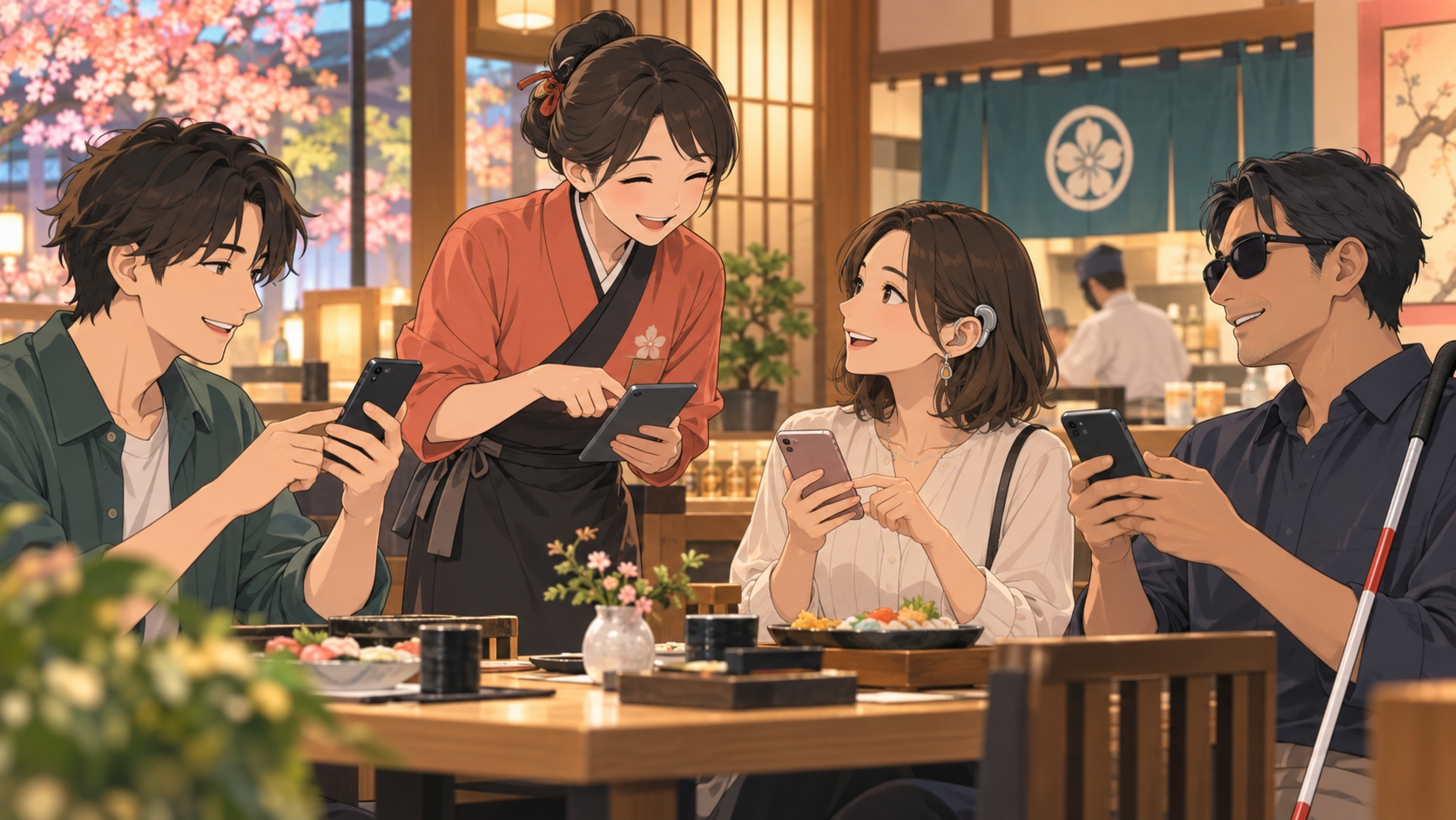 飲食店でスタッフとお客様がスマートフォンを使い、会話を交わすイラスト