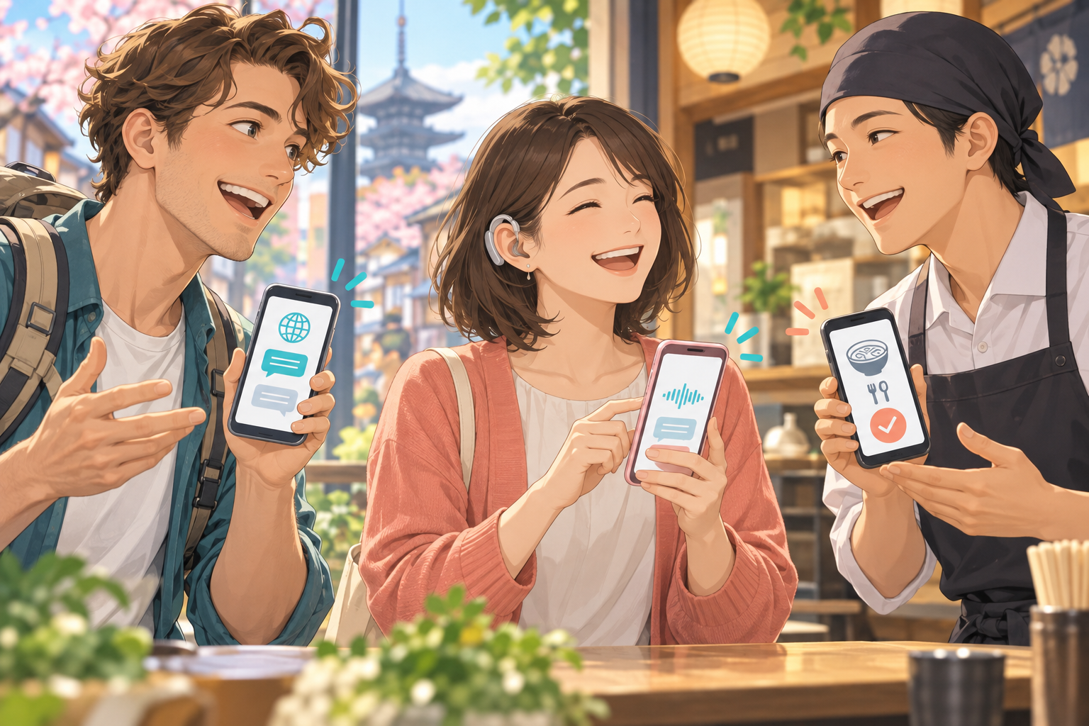 旅行者、聞こえにくい方、飲食店スタッフが交流するイラスト