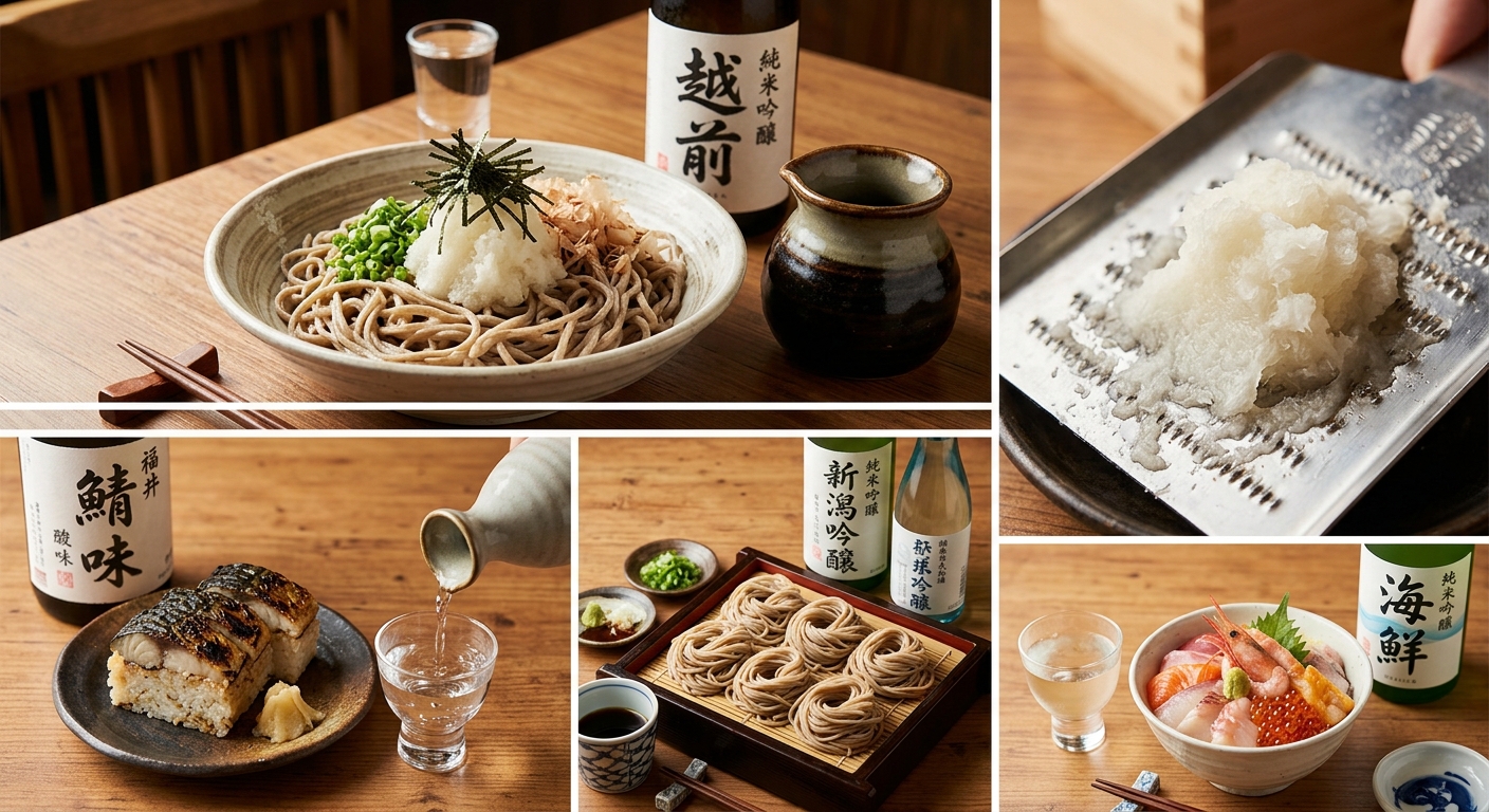 越前おろしそばと鯖の押し寿司など、福井の郷土料理と日本酒