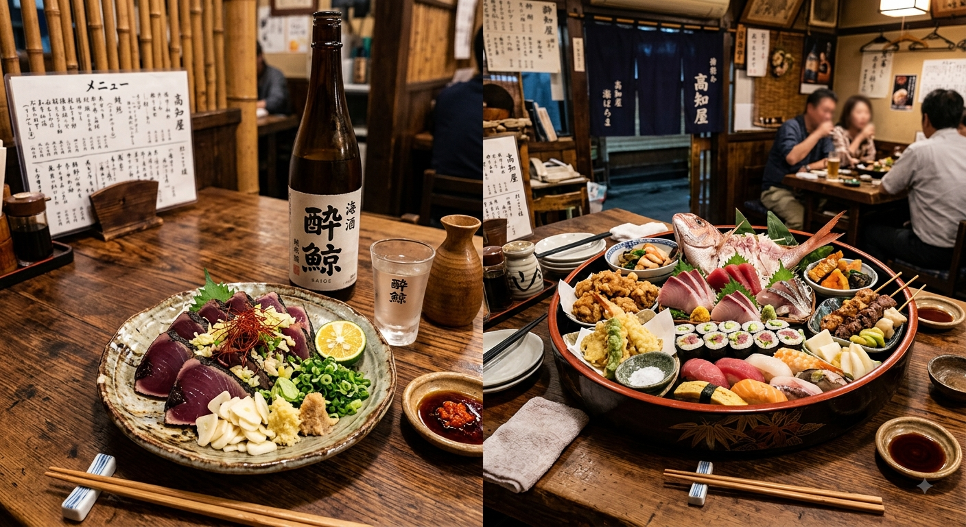 かつおのたたきと皿鉢料理のイラスト