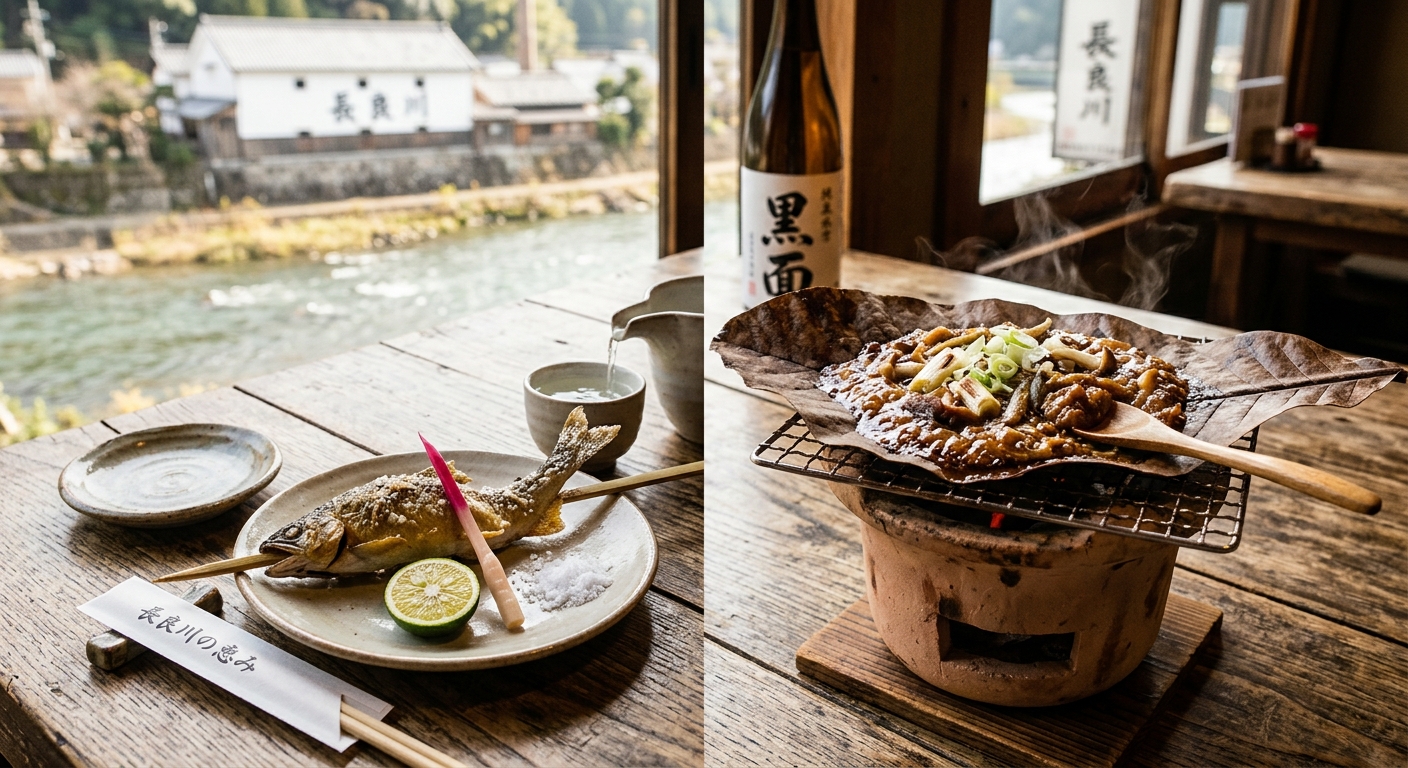 長良川の鮎の塩焼きと朴葉味噌